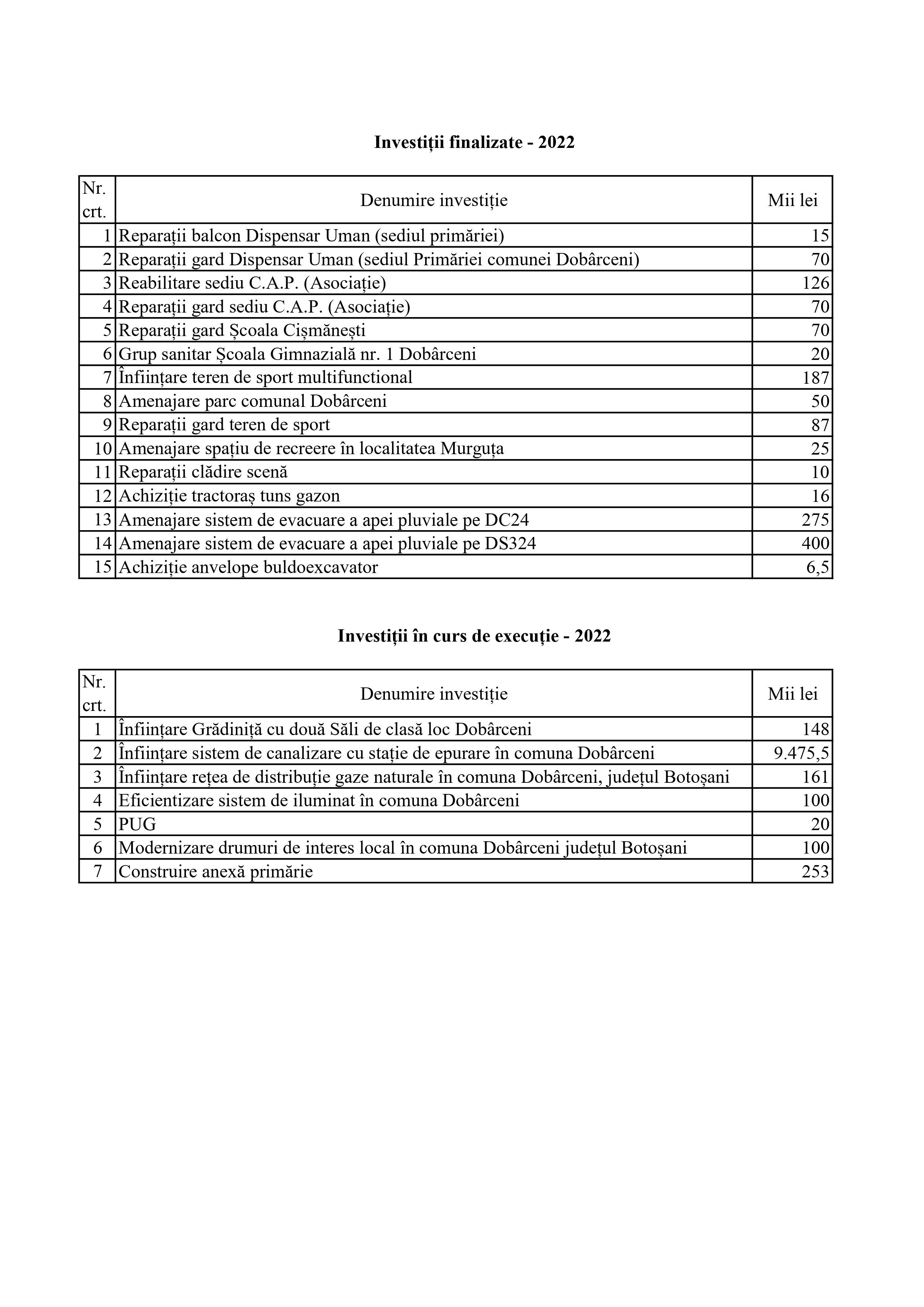 Investiții - anul 2022