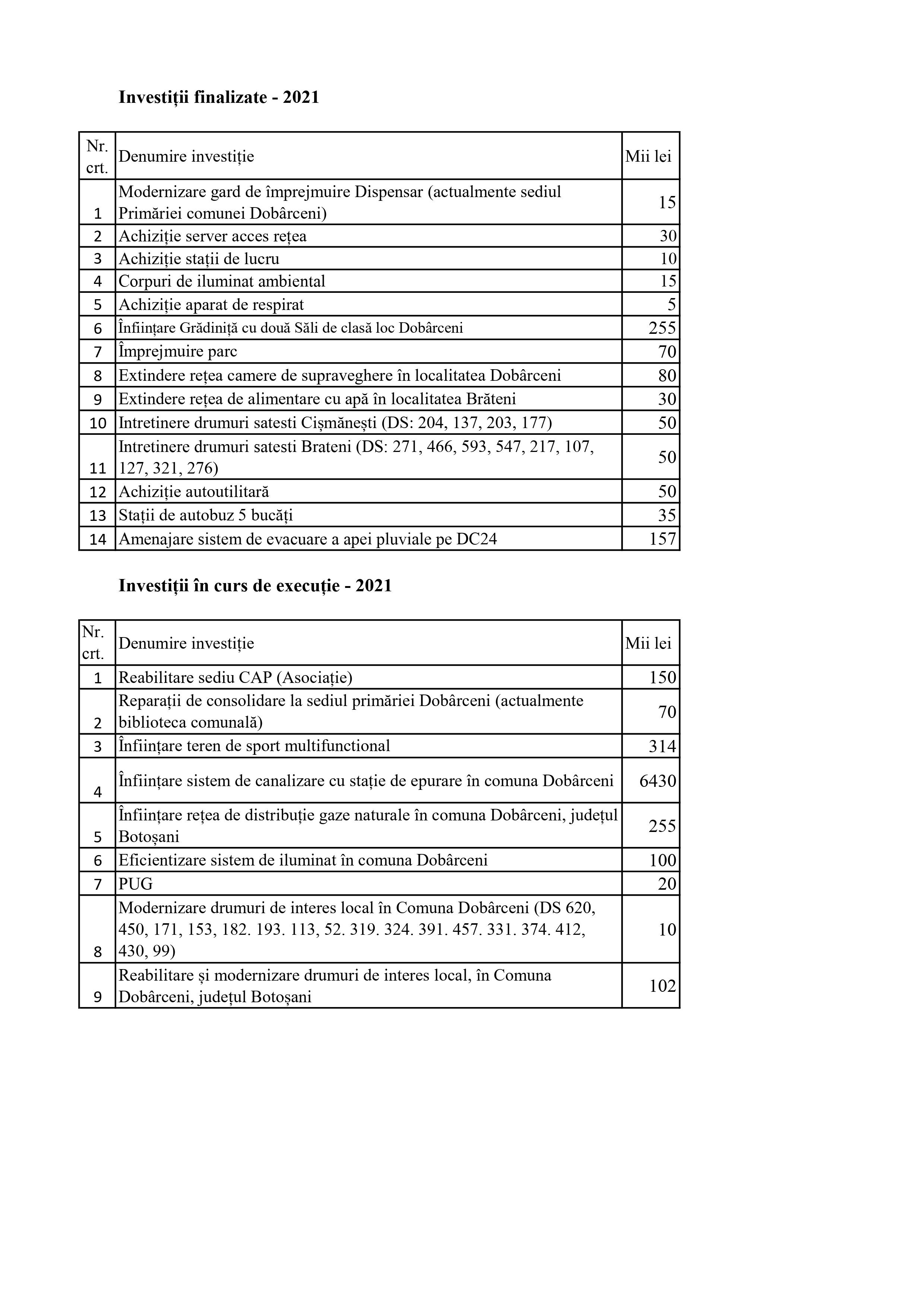 Investiții - anul 2021